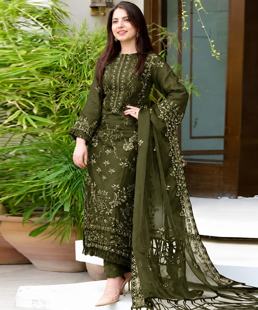 Dhanak Olive Green Embroidered 3PC Suit – Premium Festive Collection AJS-2122