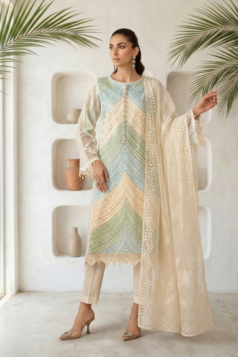 Linen-3PC Chikankari Embroidered Shirt With Silk Printed Dupatta-5272