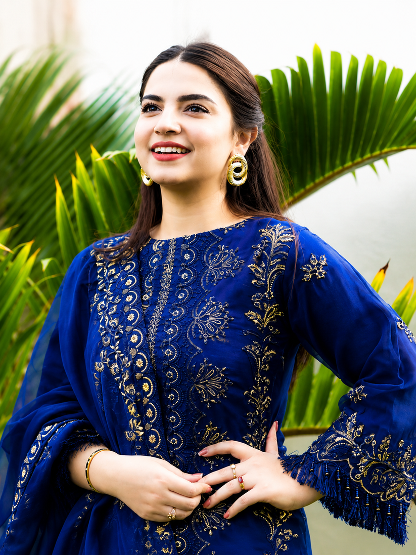 Lawn 3PC Embroidered Shirt with Organza Embroidered Dupatta- 5012