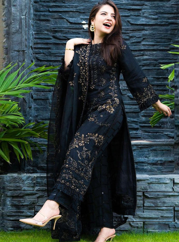 Dhanak Black Embroidered 3PC Suit – Premium Festive Collection AJS-2124