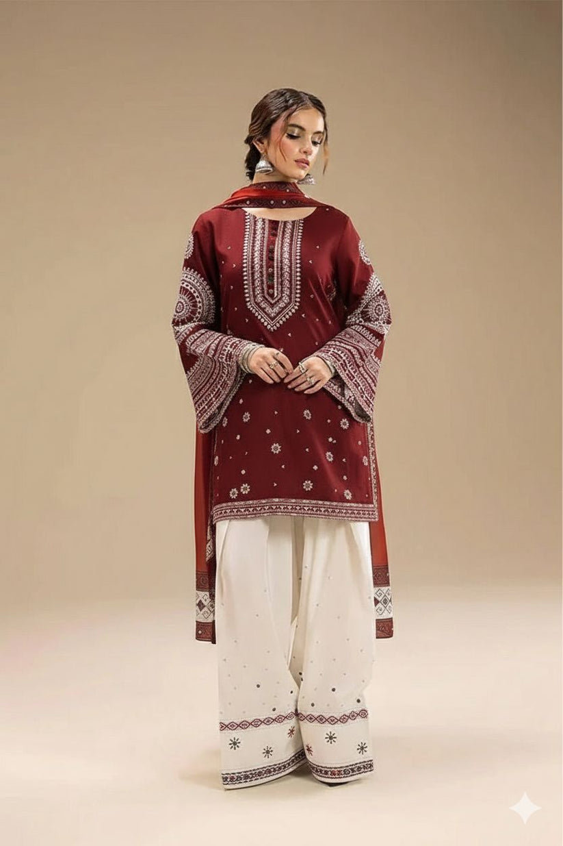 Lawn 3PC Embroidered Shirt with Organza Embroidered Dupatta- H-6134