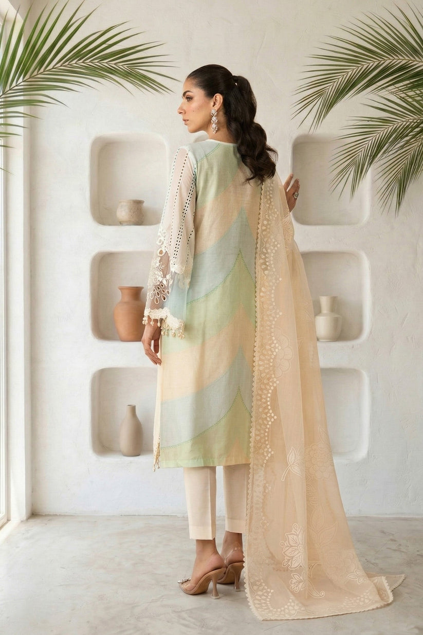 Linen-3PC Chikankari Embroidered Shirt With Silk Printed Dupatta-5272