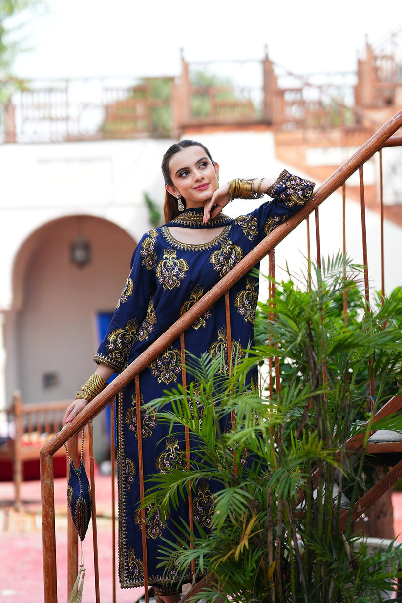 Navy Blue Embroidered 3PC Suit – Premium Festive Collection AJS-1029