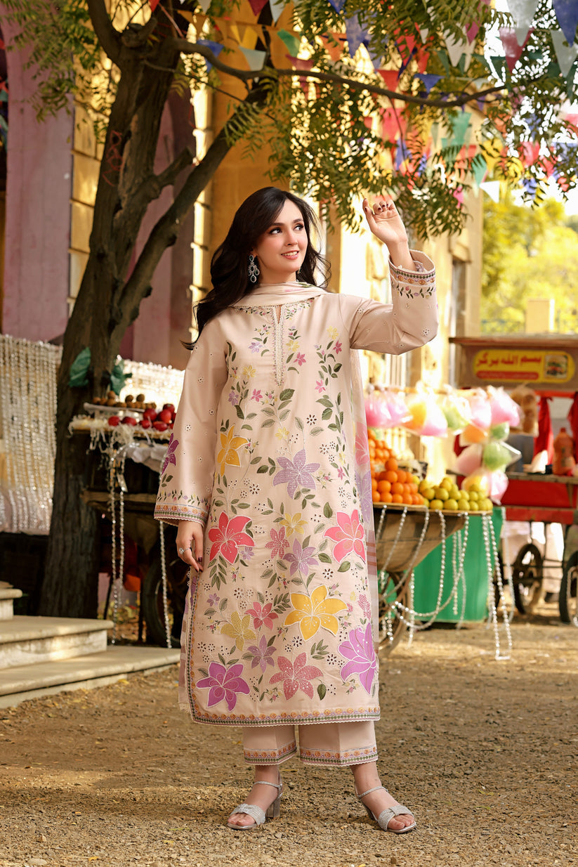 Linen 3PC Chikankari Embroidered Shirt With Digital Printed Jacquard Dupatta-5245