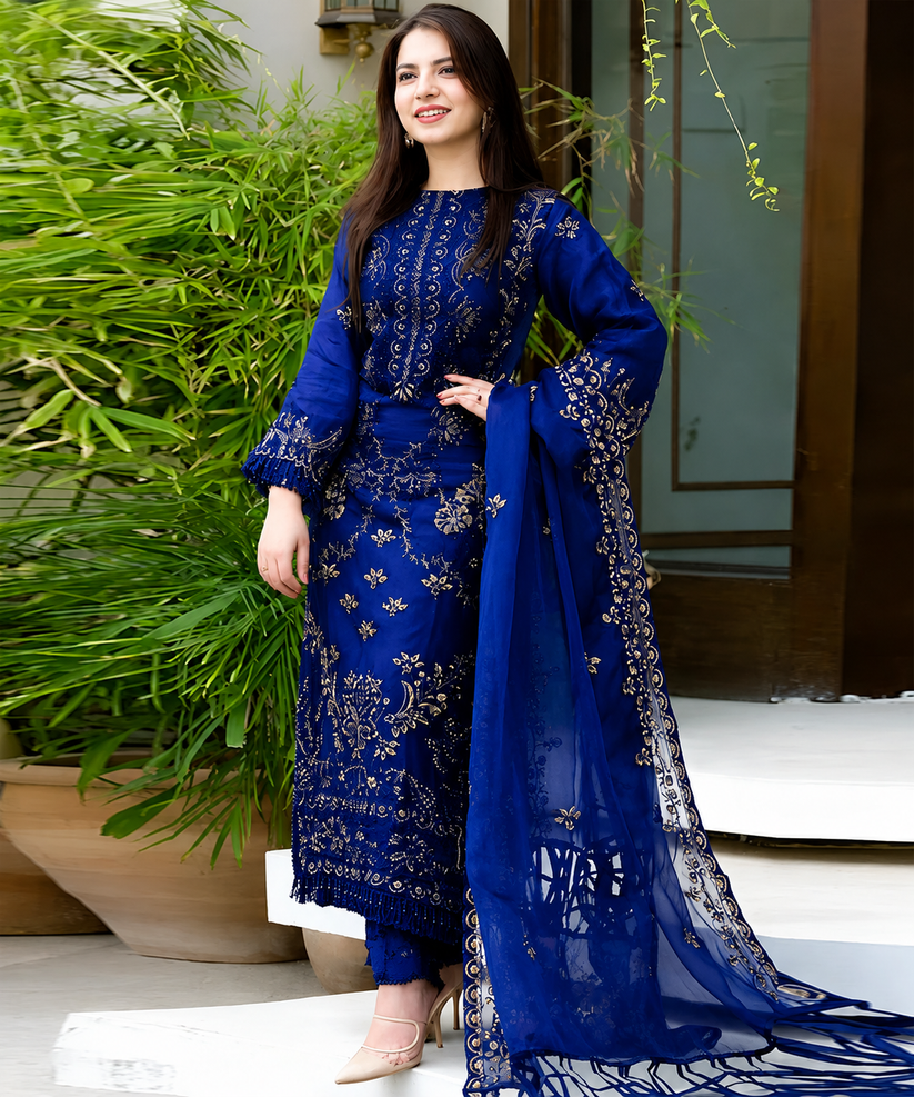 Lawn 3PC Embroidered Shirt with Organza Embroidered Dupatta- 5012