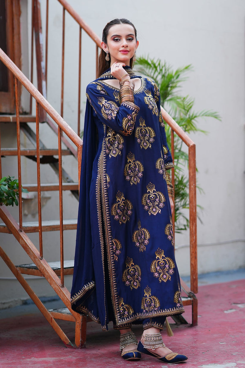 Navy Blue Embroidered 3PC Suit – Premium Festive Collection AJS-1029