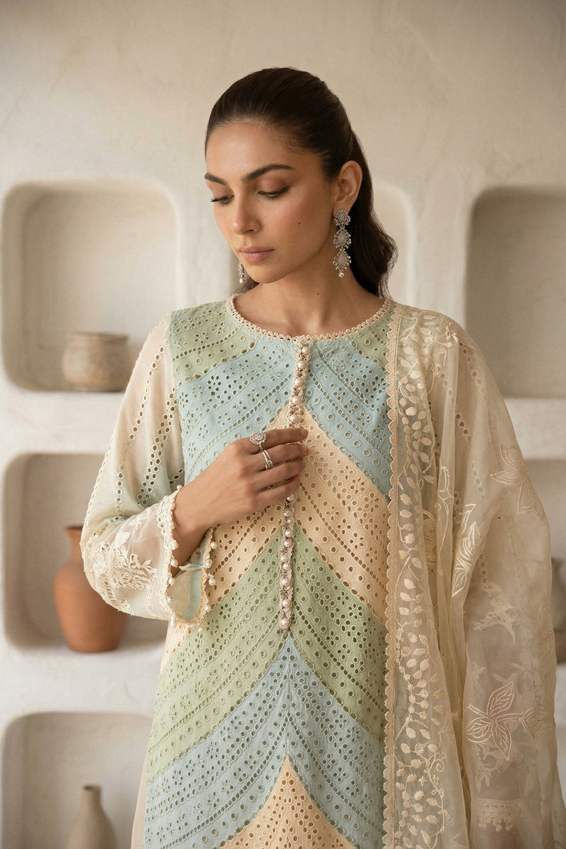 Linen-3PC Chikankari Embroidered Shirt With Silk Printed Dupatta-5272