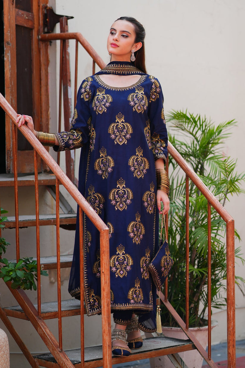 Navy Blue Embroidered 3PC Suit – Premium Festive Collection AJS-1029