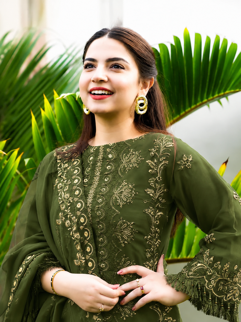 Dhanak Olive Green Embroidered 3PC Suit – Premium Festive Collection AJS-2122