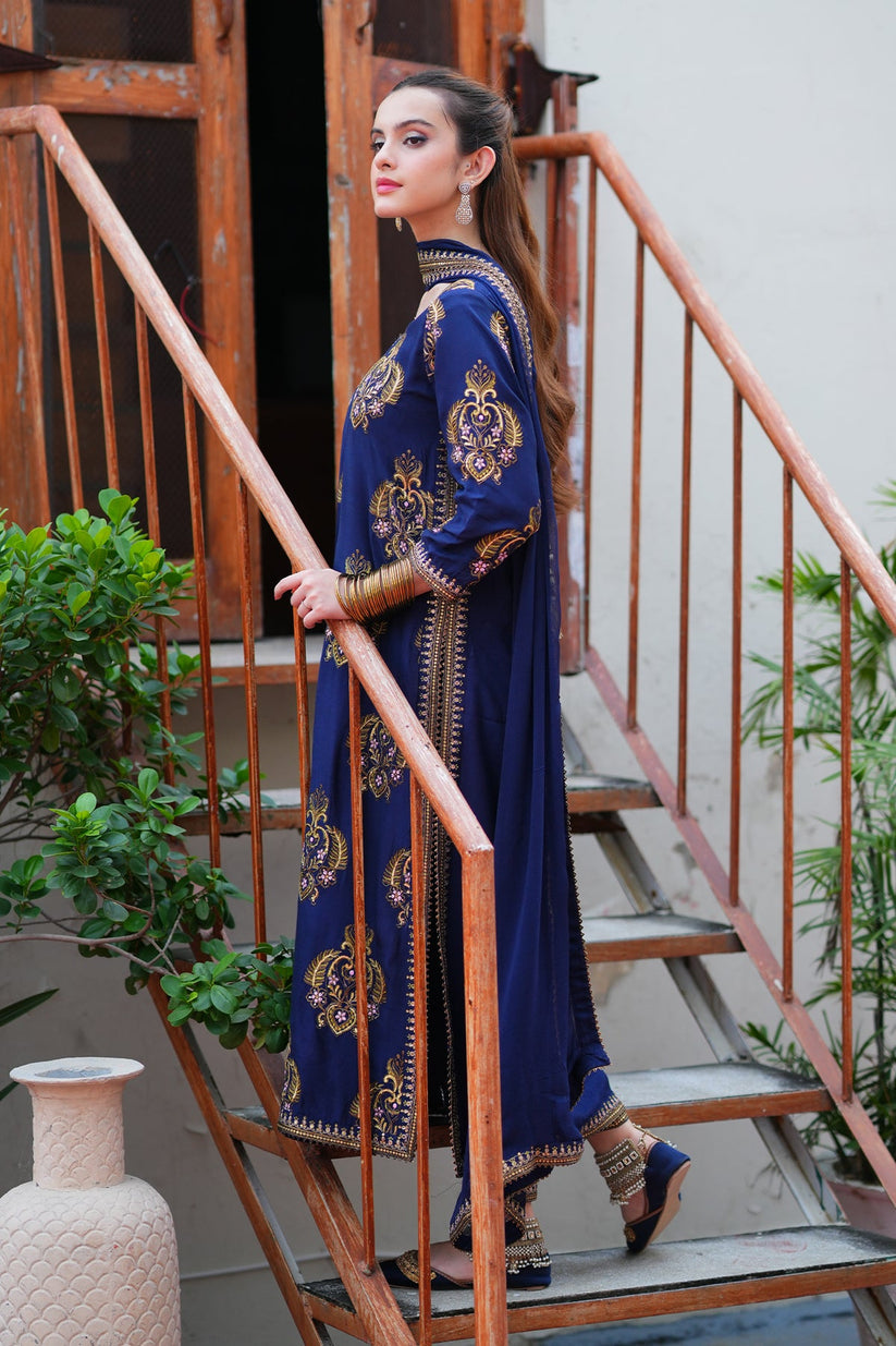 Navy Blue Embroidered 3PC Suit – Premium Festive Collection AJS-1029