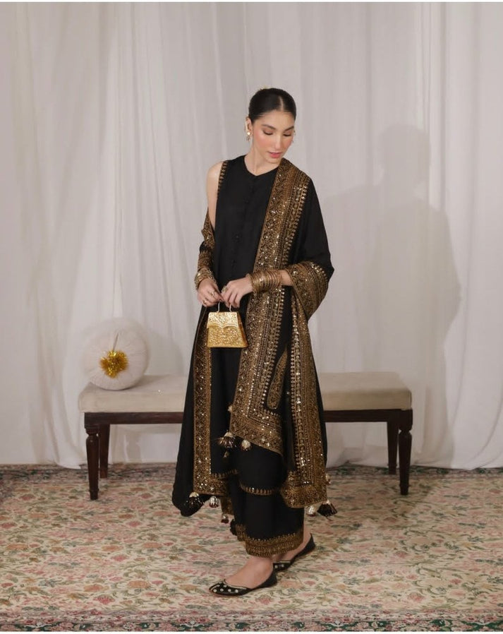 Dhanak-3PC Embroidered Shirt with Organza Sequins Embroidered Dupatta- 3373