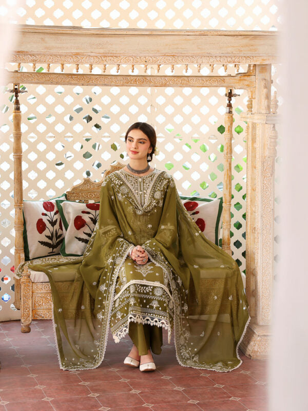 Linen-3PC Embroidered Shirt With Organza Embroidered Dupatta-5211