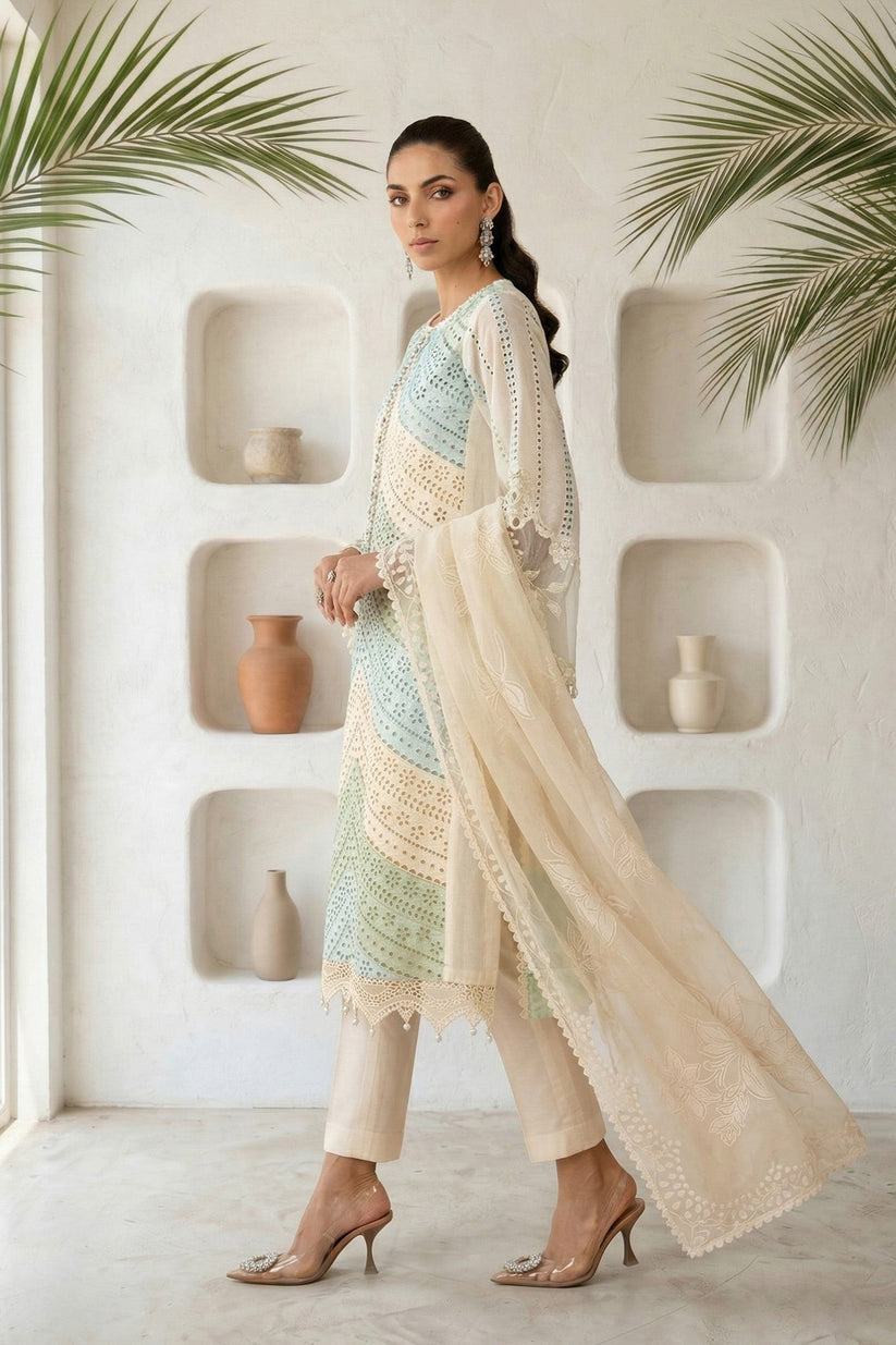 Linen-3PC Chikankari Embroidered Shirt With Silk Printed Dupatta-5272
