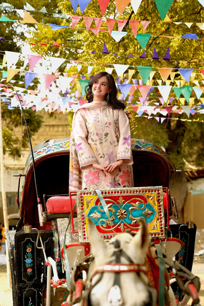 Linen 3PC Chikankari Embroidered Shirt With Digital Printed Jacquard Dupatta-5245