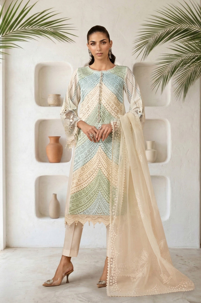Linen-3PC Chikankari Embroidered Shirt With Silk Printed Dupatta-5272