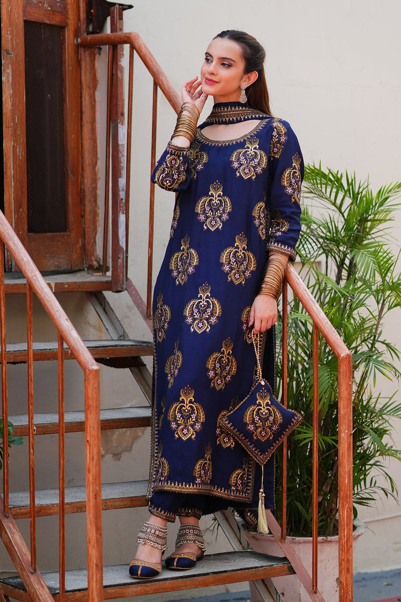 Navy Blue Embroidered 3PC Suit – Premium Festive Collection AJS-1029