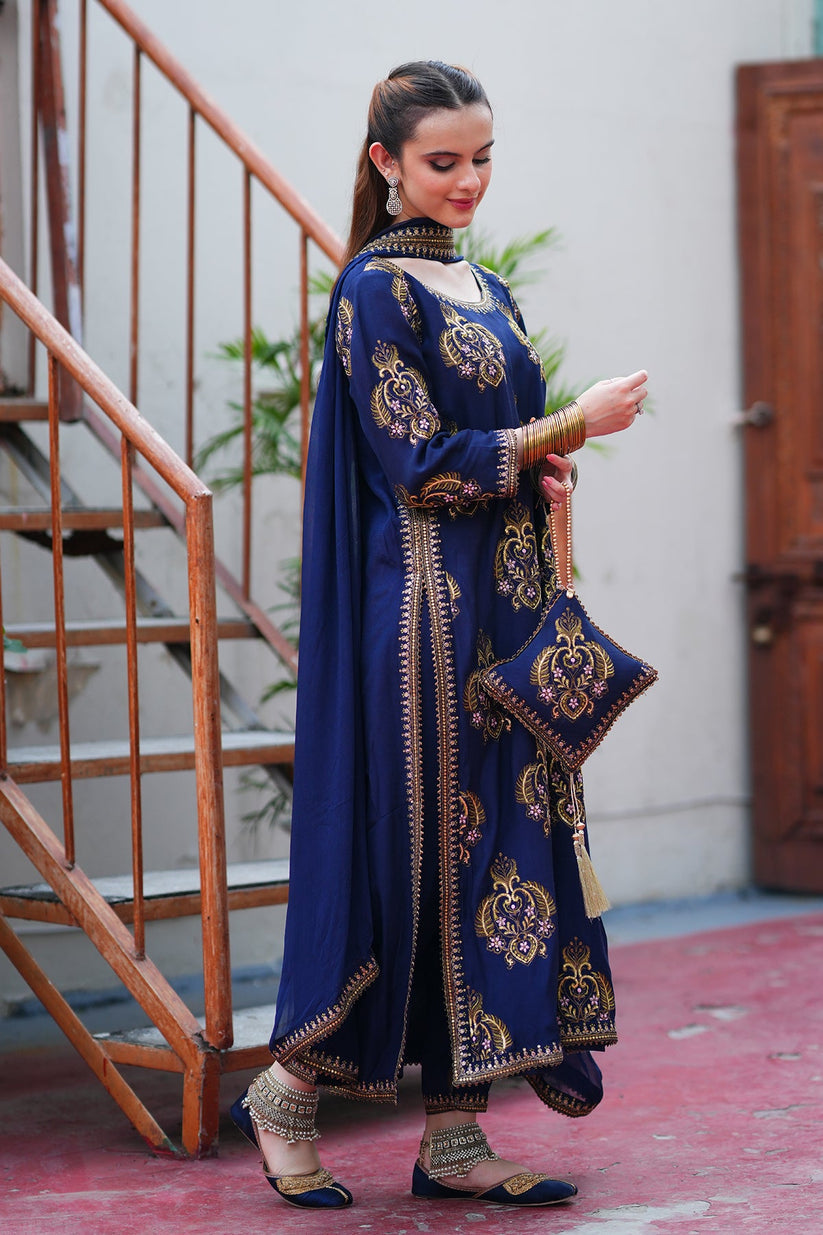 Navy Blue Embroidered 3PC Suit – Premium Festive Collection AJS-1029