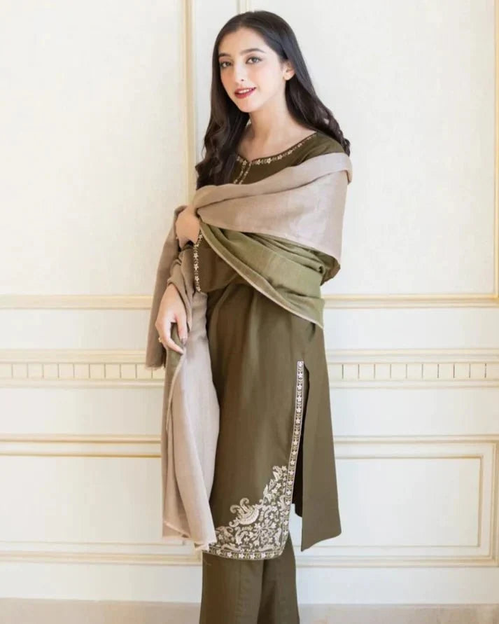 Dhanak 3PC Embroidered with Swiss Lawn Shawl-1043